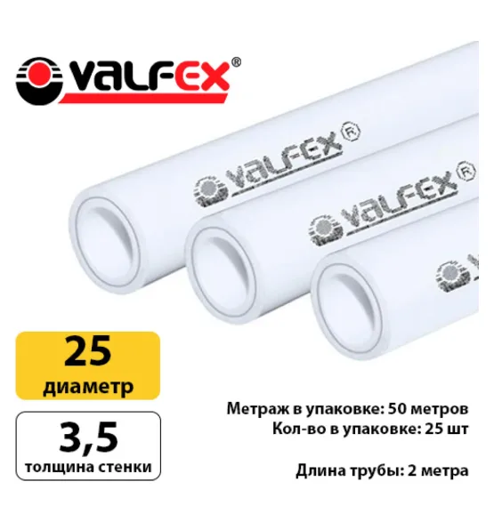 Полипропиленовая труба Valfex 25×3,5 мм PN20, армированная стекловолокном, штанга 2 м, белая — фото 2