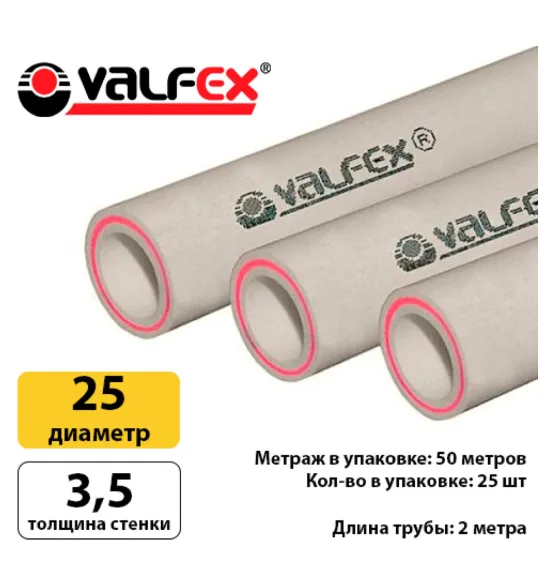 Полипропиленовая труба Valfex 25×3,5 мм PN20, армированная стекловолокном, штанга 2 м, серая — фото 3