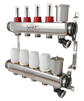 Коллектор для теплого пола VRT® 1″ Х 3/4″ 4 выхода с расходомерами (в комплекте кронштейны, сливные группы)