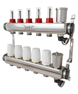 Коллектор для теплого пола VRT® 1″ Х 3/4″ 5 выхода с расходомерами (в комплекте кронштейны, сливные группы)