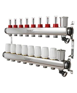 Коллектор для теплого пола VRT® 1″ Х 3/4″ 8 выходов с расходомерами (в комплекте кронштейны, сливные группы)