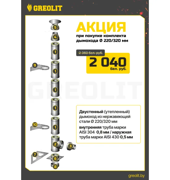 Комплект дымоходов 220/320мм из нержавеющей стали, толщина утепления 50мм AISI 304, 1 мм