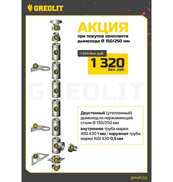 Комплект дымоходов 150/250мм из нержавеющей стали, толщина утепления 50мм AISI 304, 0,8 мм